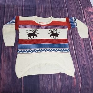 Women's Cream Knit Sweater Reindeer Print Long Sleeve Blue Orange